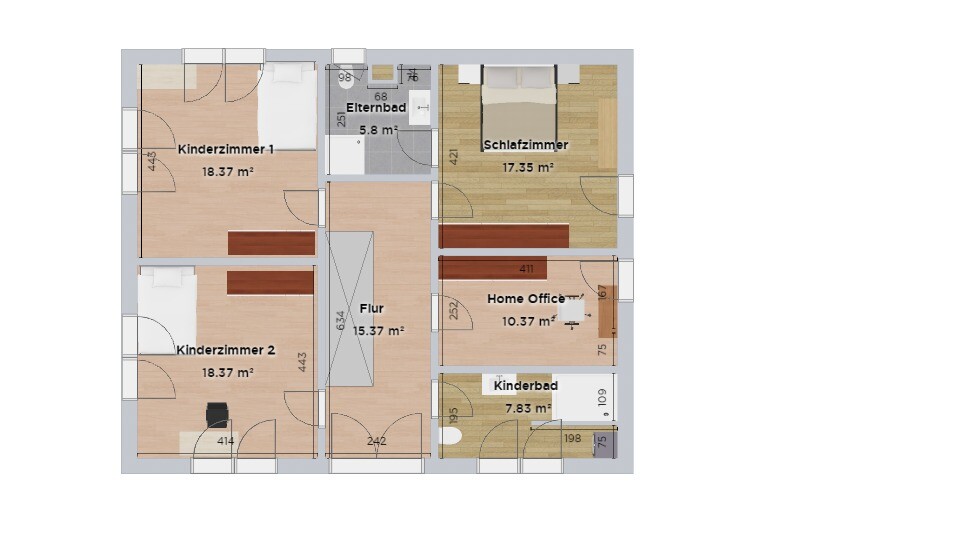 Floor plan of an apartment: hallway, master bathroom, bedroom, home office, kids’ room 1/2, kids’ bathroom.