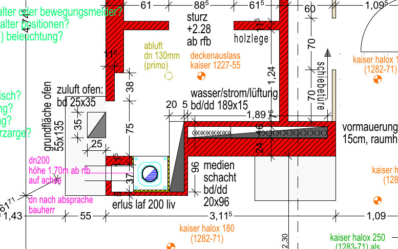 Technical floor plan of a building project with wall lines, dimensions, and installations.