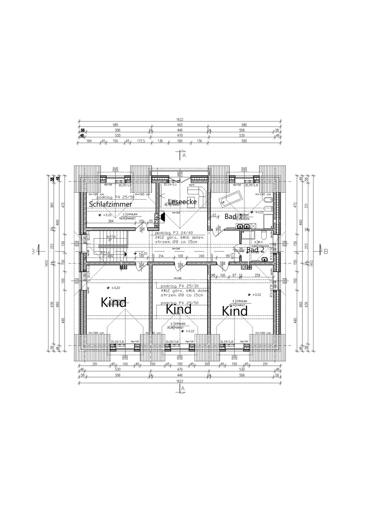 Floor plan of a house with bedrooms, bathrooms, and three children’s rooms, including dimensions.
