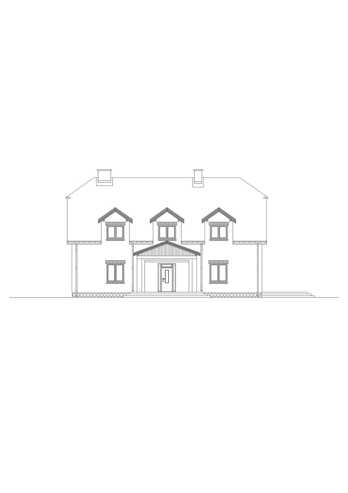 Architectural drawing of a two-story house with a central entrance door and three dormers.