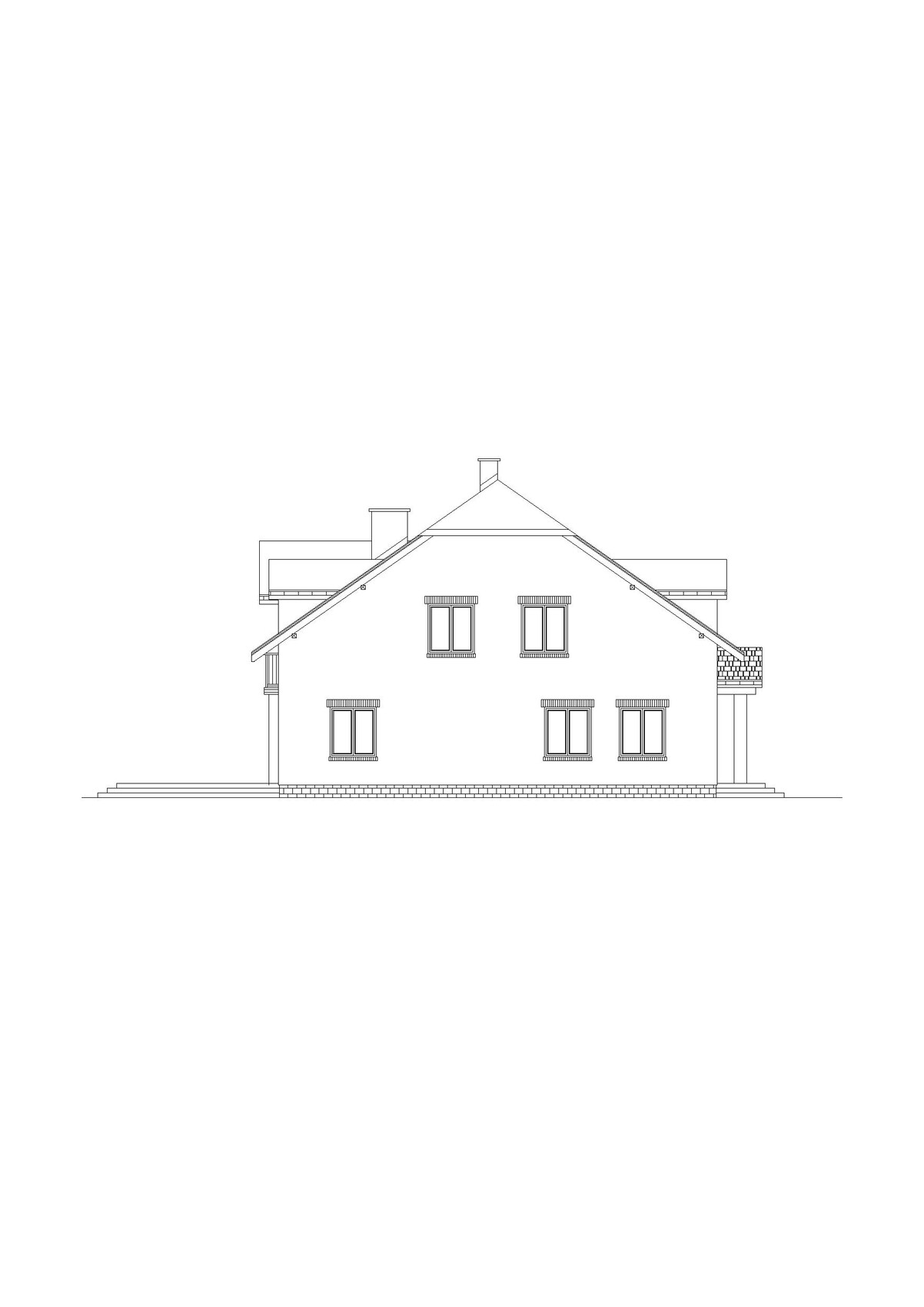 Sketch of a single-family house with gable roof, windows, and fireplace.