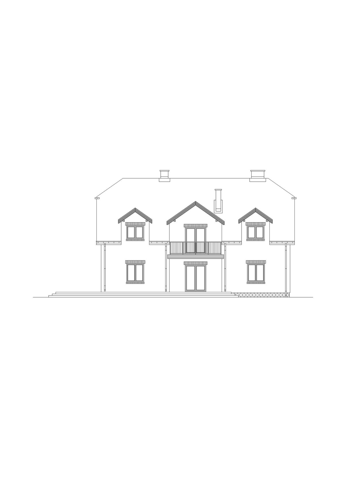 Front view of a two-story house with a balcony in the middle and stairs.