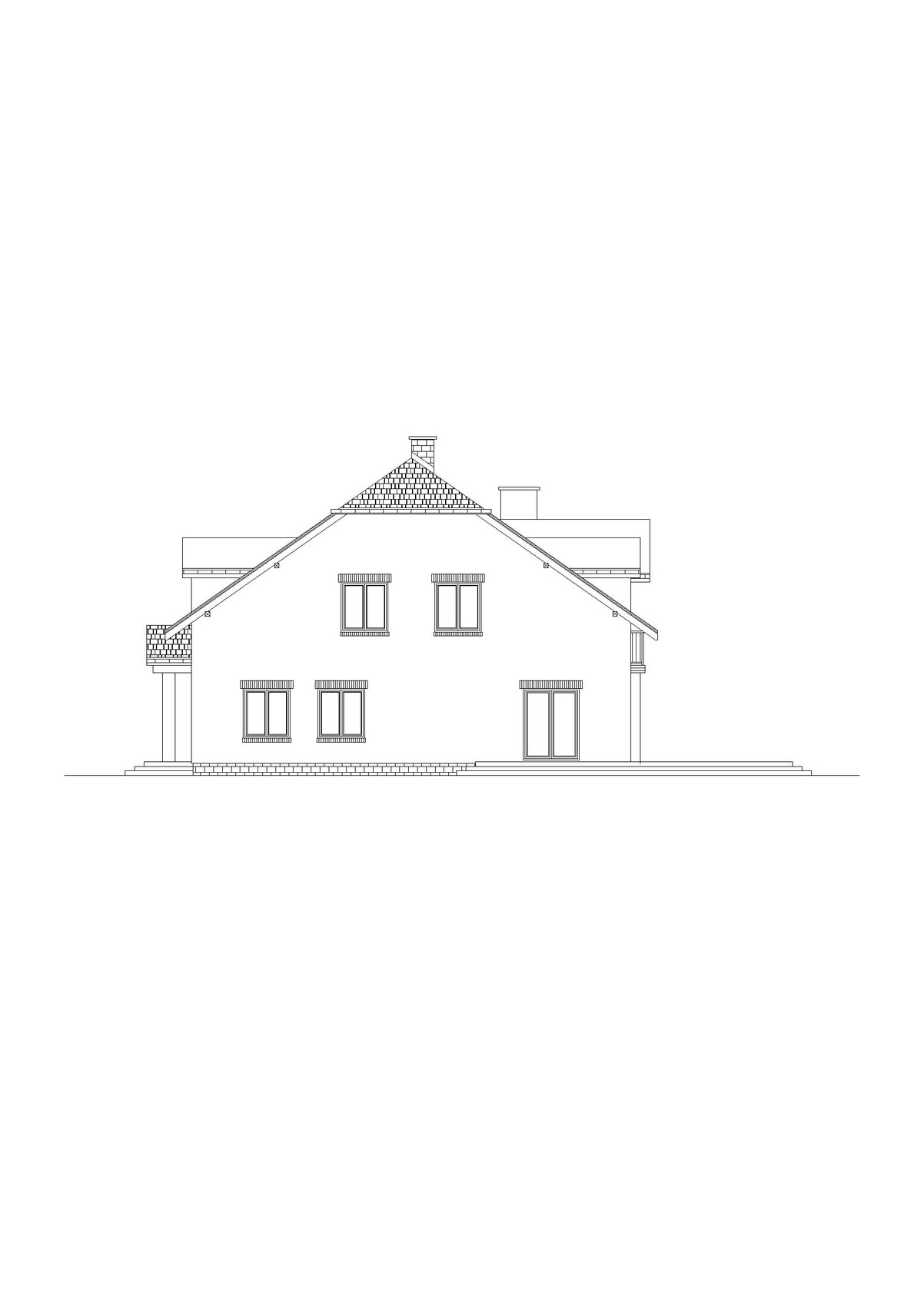 Architectural drawing: front view of a house with gable roof, fireplace, and windows.