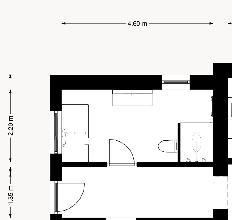 Floor plan of a small apartment: entrance bottom left, sleeping area left, bathroom right.