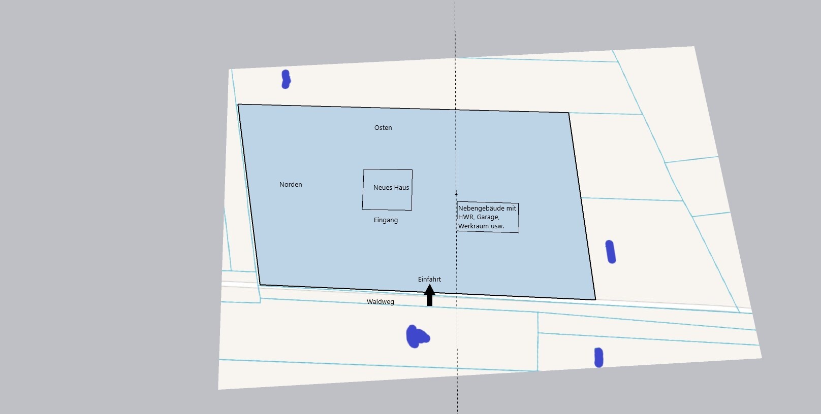 Site plan of a plot: Blue area with new house, outbuilding; driveway on forest path.