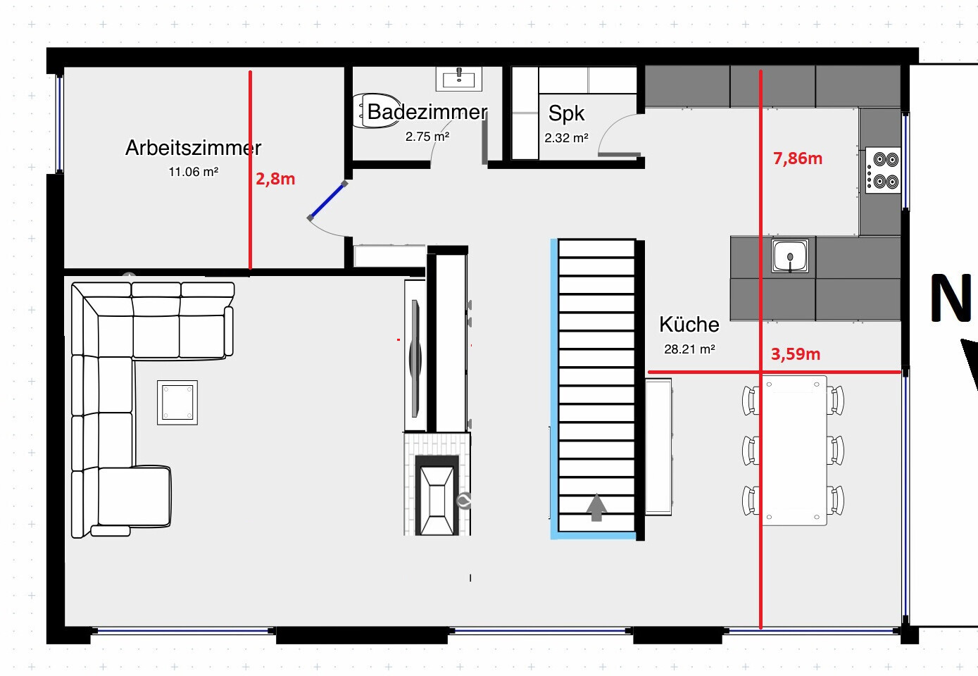 Grundriss eines Wohn-/Arbeitsbereichs mit Küche, Essbereich, Bad, Arbeitszimmer und Treppe.