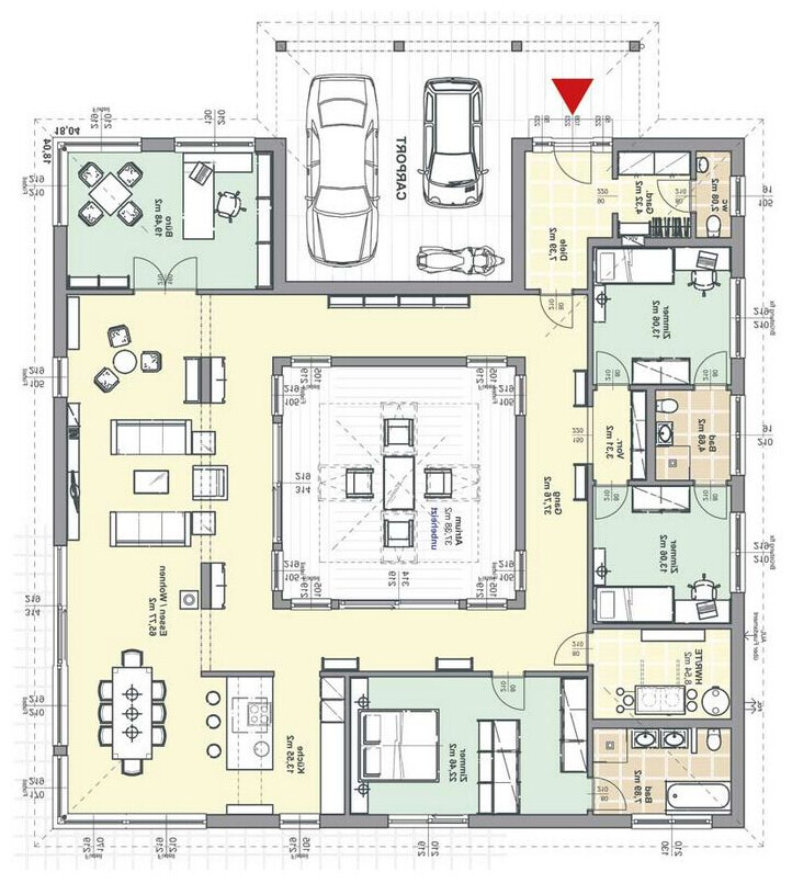 Grundriss eines Einfamilienhauses mit Garage, Wohnzimmer, Küche, Essbereich, Schlafzimmer.
