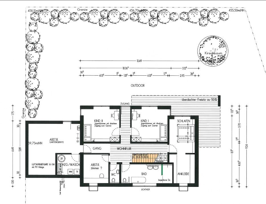 Floor plan of a house with garden layout, terrace and rows of trees; sleeping, child’s room, kitchen.