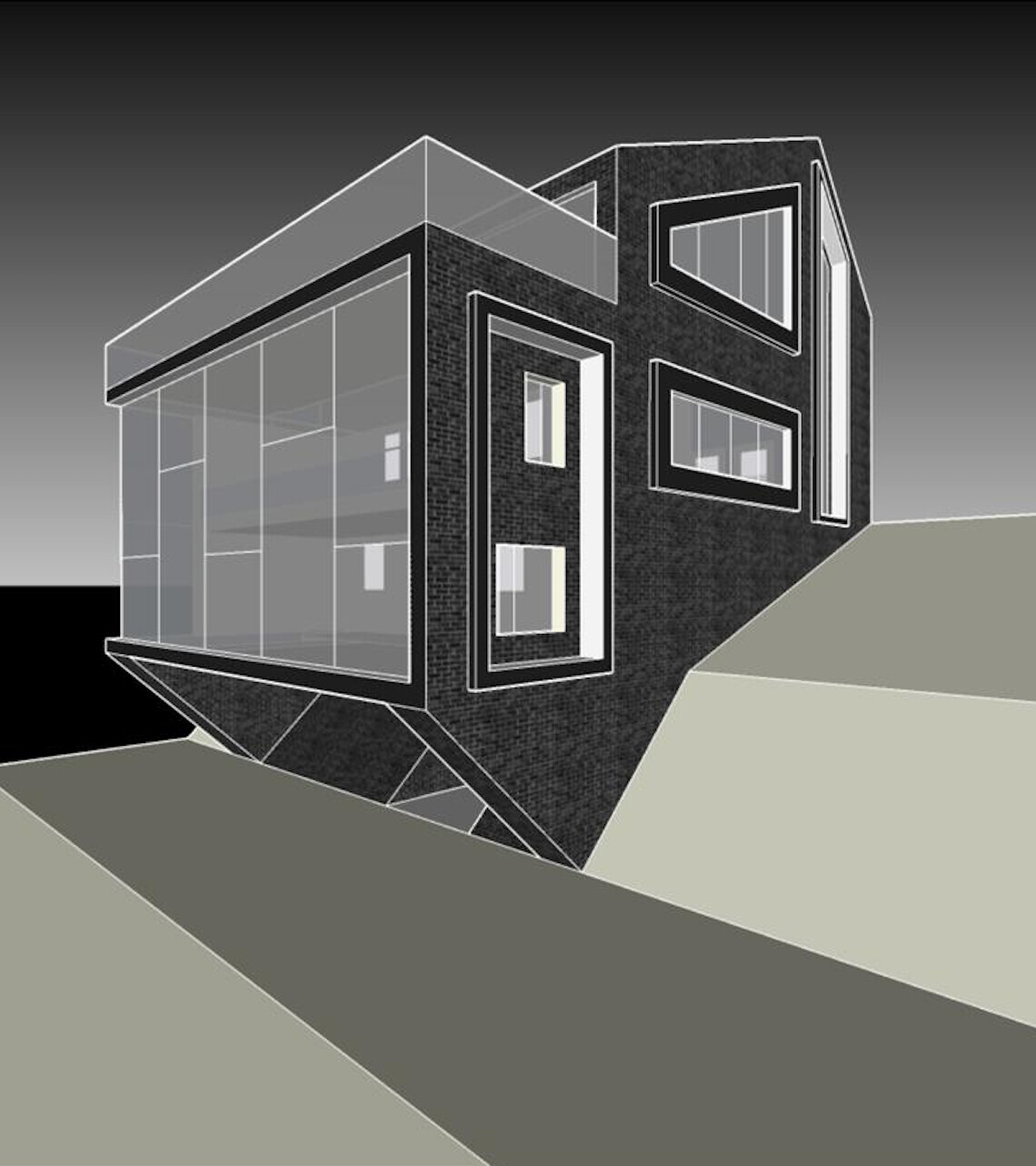 Modern geometric villa on a slope with large glass front and dark facade.