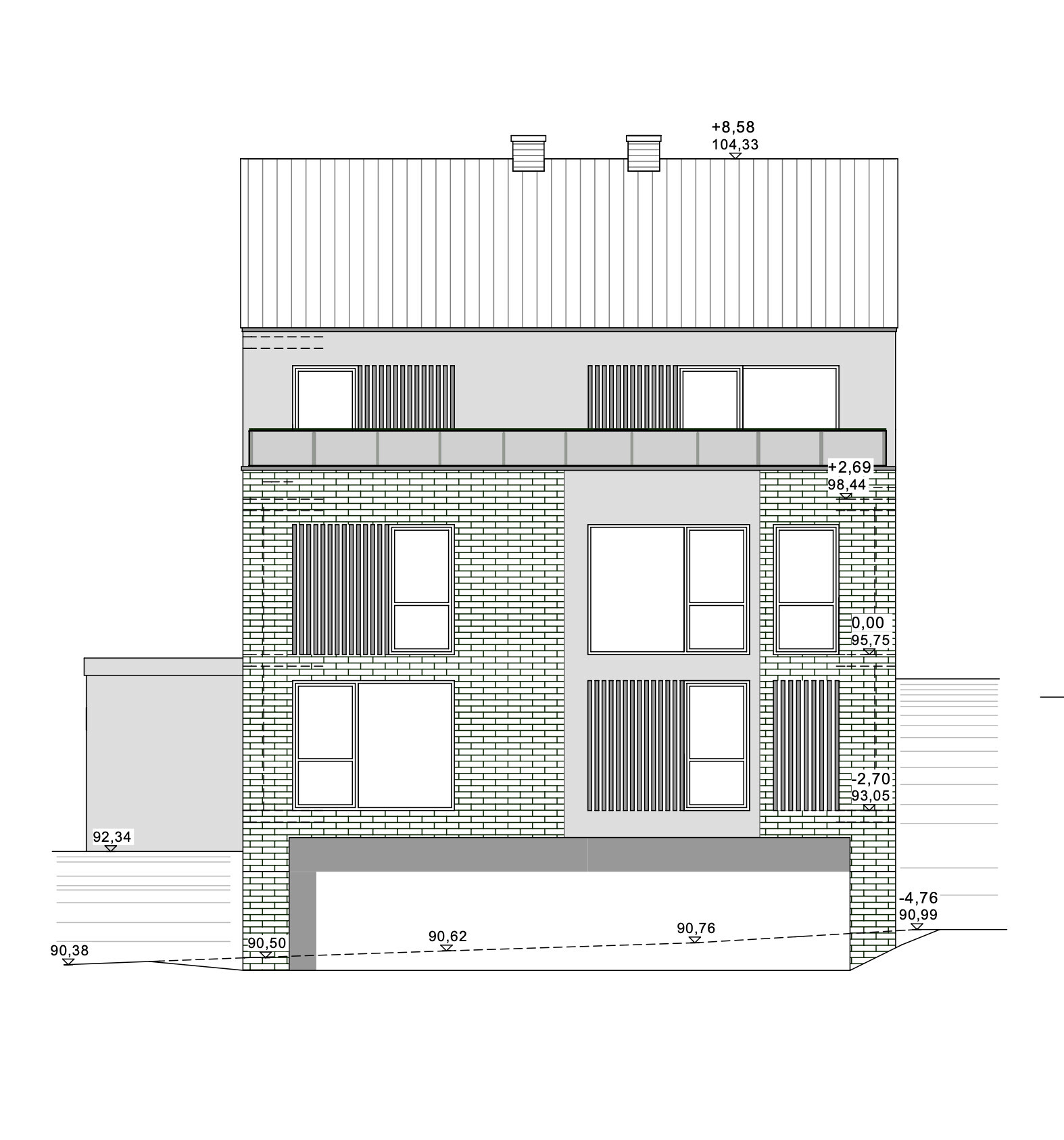 Two-story house with masonry ground floor facade, gray upper floor, balcony, window fronts.