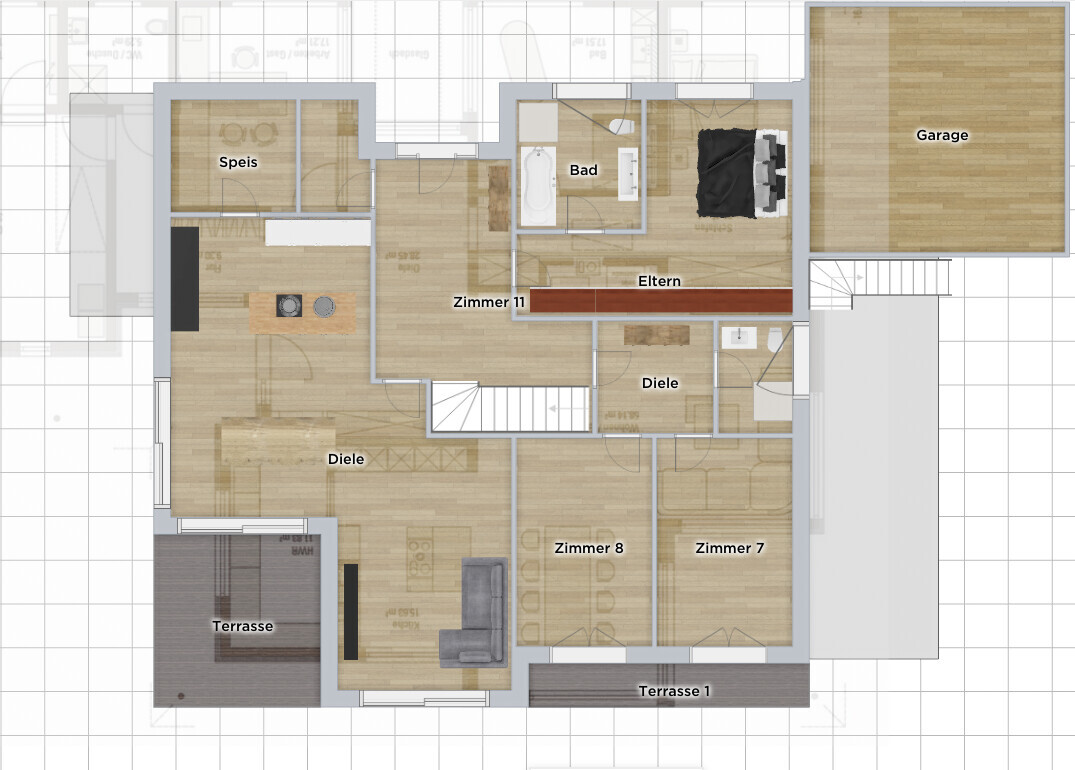 Floor plan of a house with kitchen, pantry, bathroom, master bedroom, rooms 7/8, hallway, terrace, garage.