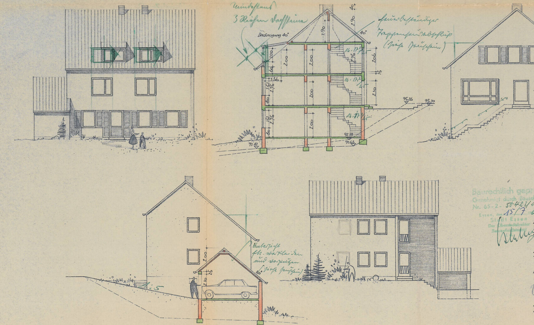 Architectural drawing of a residential house with front and side views as well as sections.