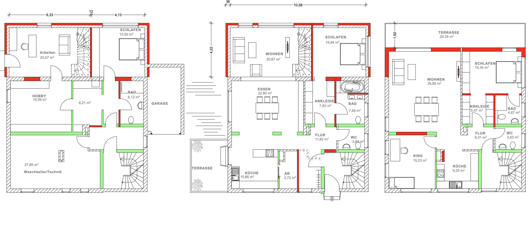 Multi-story floor plan with kitchen, living, dining, sleeping, bathroom, garage; terraces.