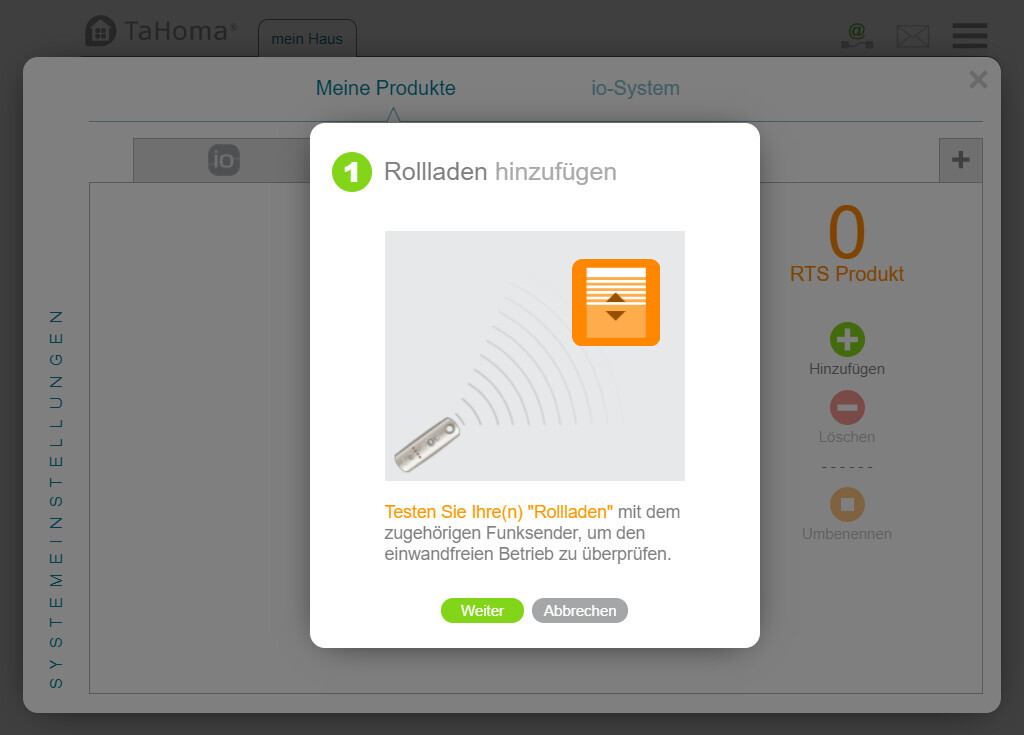 Add roller shutter: dialog with wireless remote and radio wave graphic