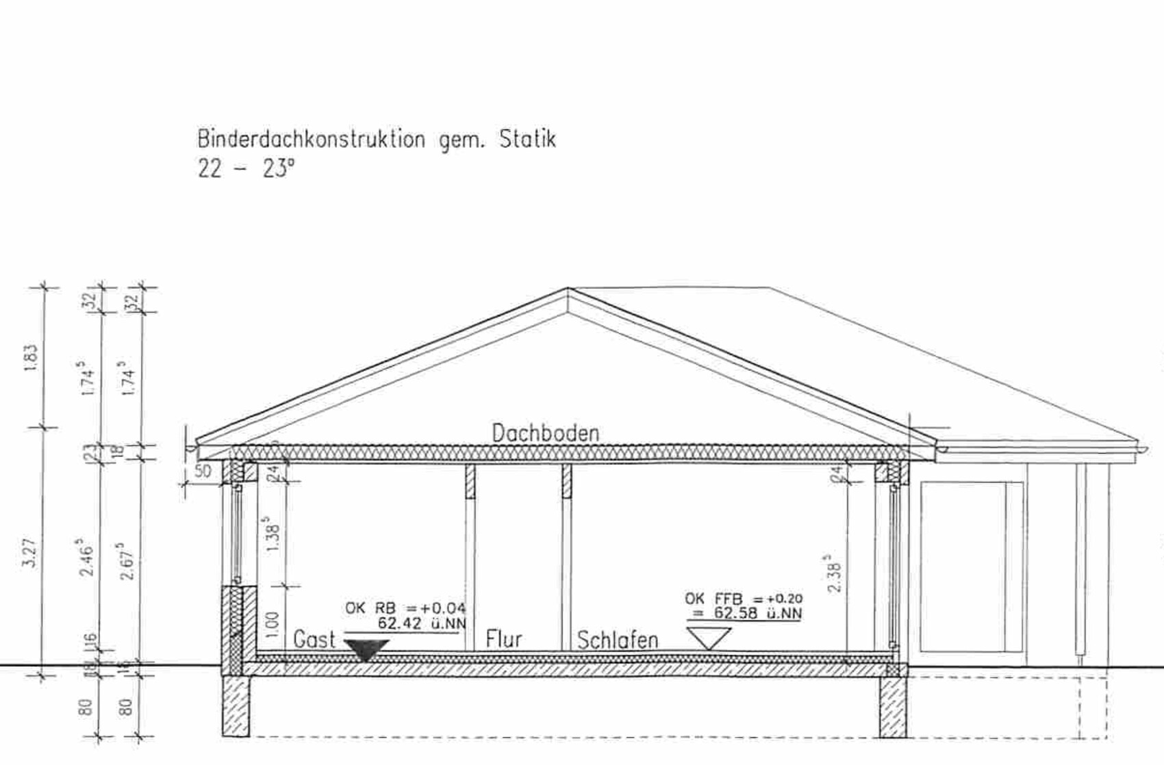 Roof construction cross-section: attic, guest room, hallway, sleeping area, dimensions.