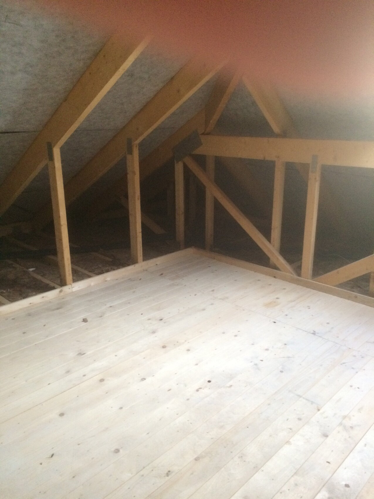 Attic with visible wooden roof structure, studs and diagonal braces, light wood floor.
