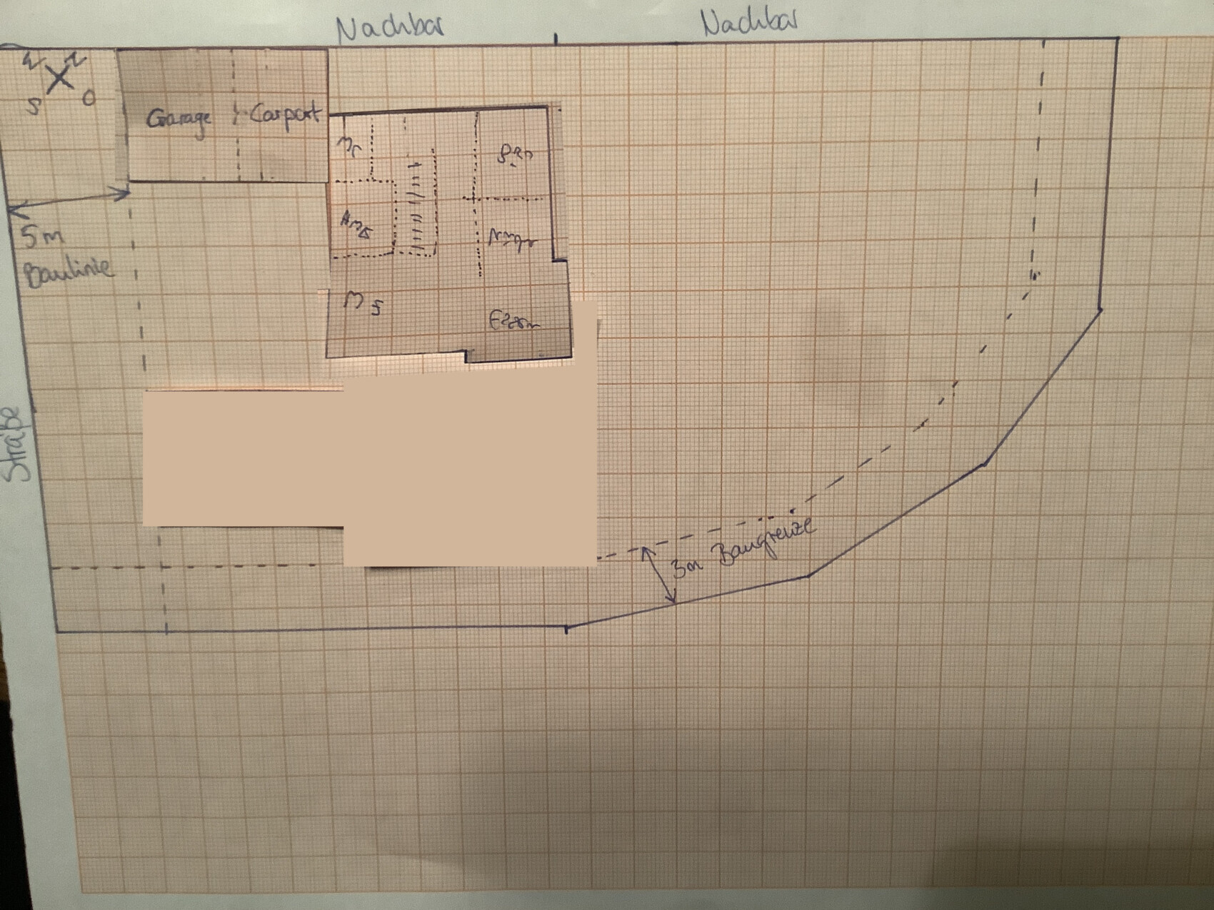 Handgezeichnete Grundriss-Skizze: Garage/Carport links, Gebäude in der Mitte Straßenverlauf rechts