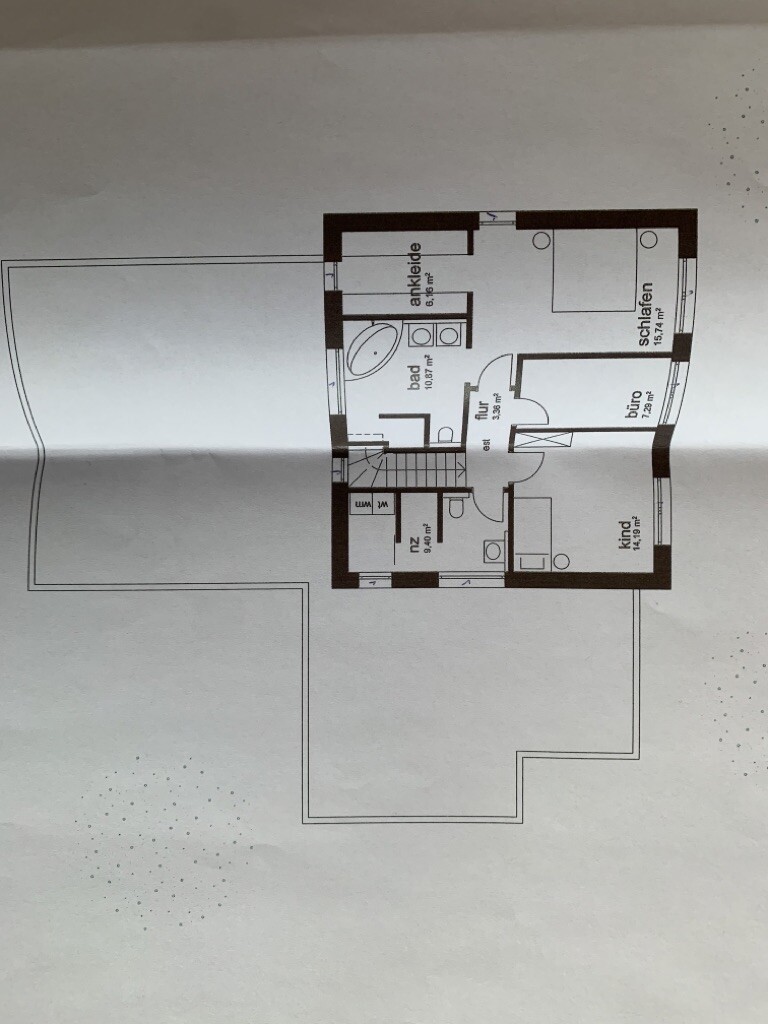 Floor plan of upper floor with hallway, bathroom, walk-in closet, bedroom, office and child’s room.