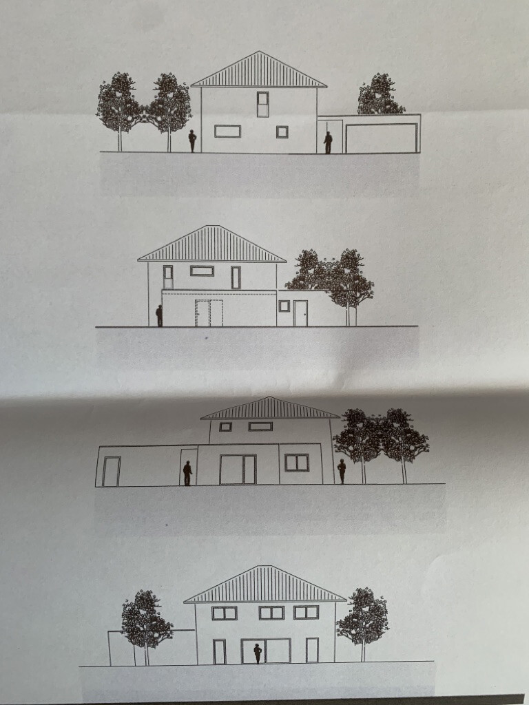Four views of a two-story house with gable roof, trees and people at the entrance.