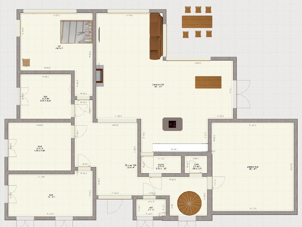 Floor plan of an apartment: living room with kitchen island and dining table, bedroom, and kids’ rooms.