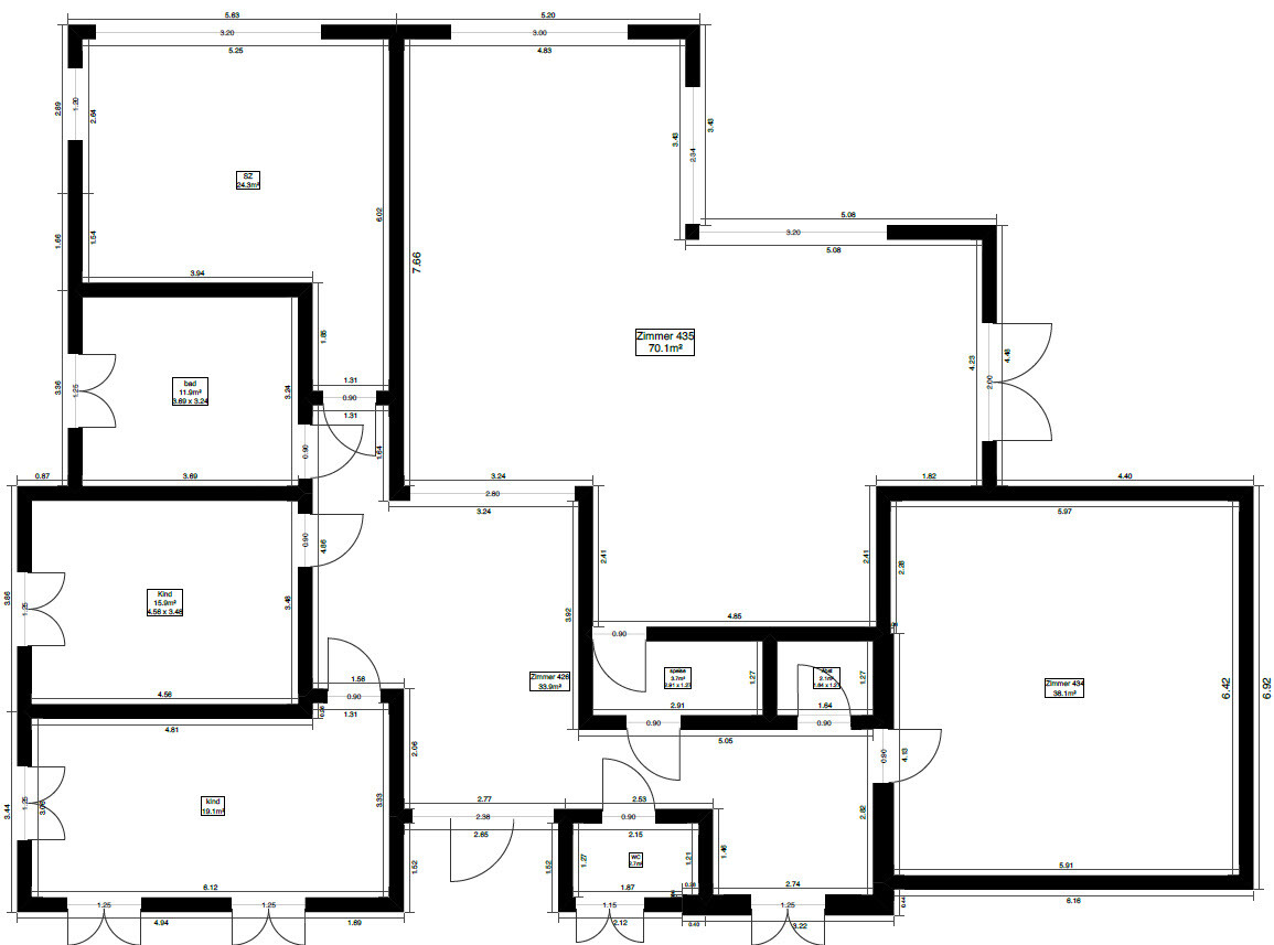Floor plan of a multi-room apartment with doors, walls, and measurements.