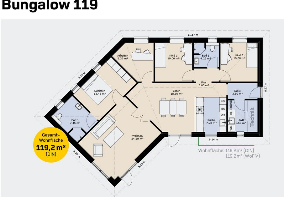 Floor plan of a bungalow with living room, kitchen, dining area, bedroom, bathroom, and hallway.