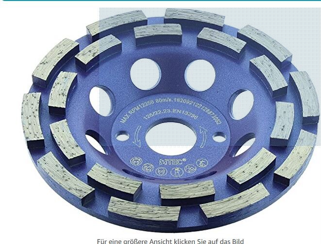 Blue, round grinding or polishing disc with segmented outer edges and a center hole.
