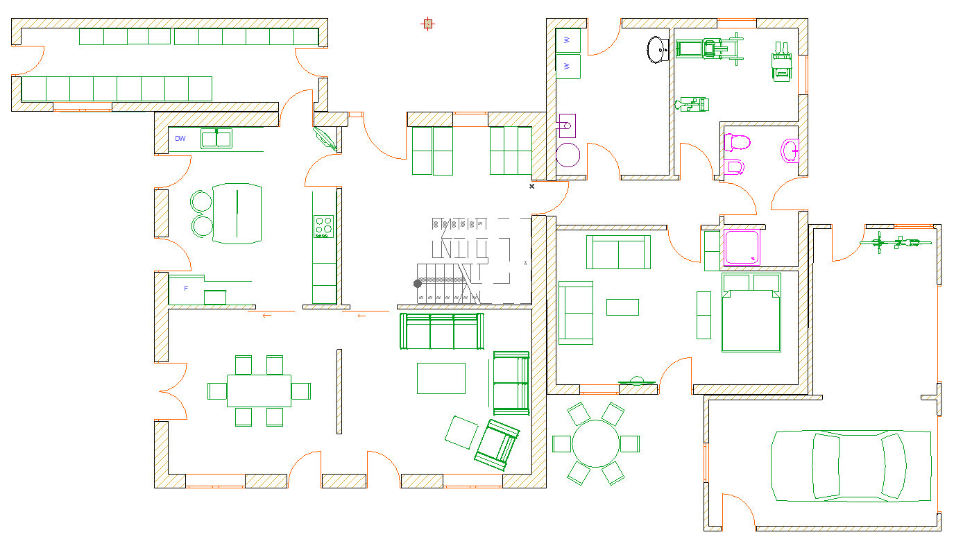 Gegliederter Grundriss eines Hauses mit Küche, Essbereich, Wohnzimmer, Bad und Schlafzimmer.