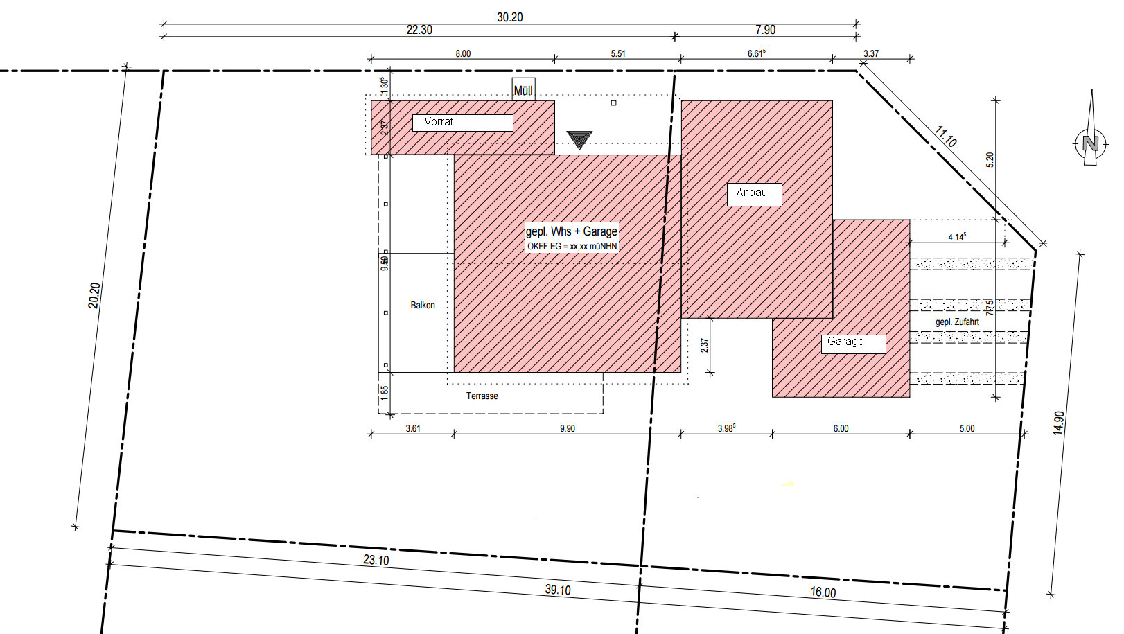2D floor plan of a house with extension, garage, terrace, and balcony, dimensions included