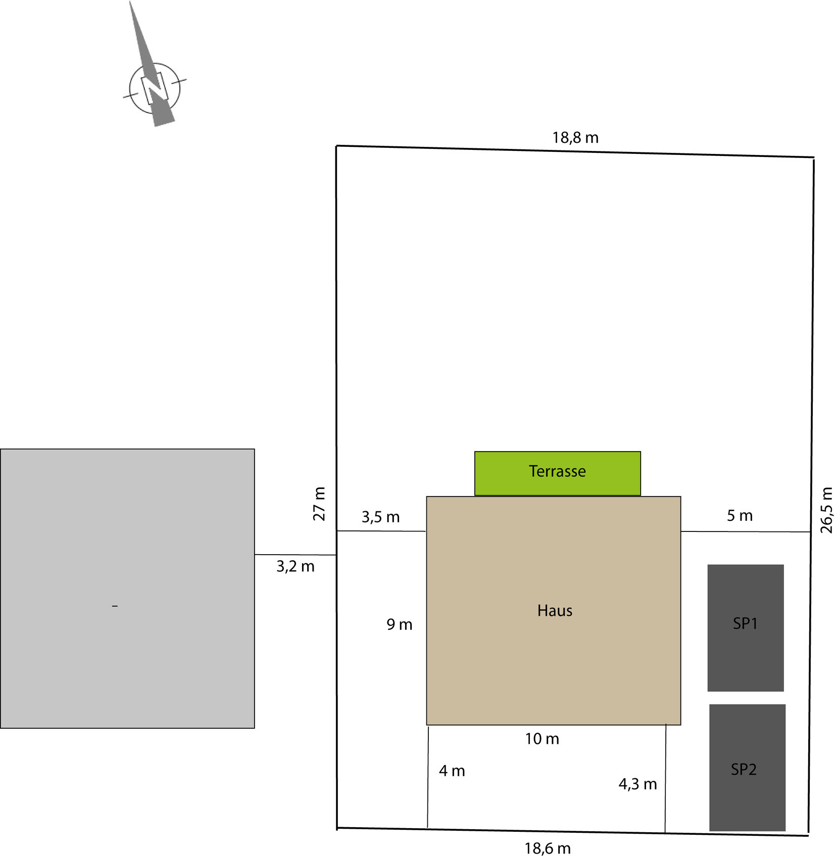 Site plan: house with terrace, two parking spaces SP1/SP2 on the right, building on the left.