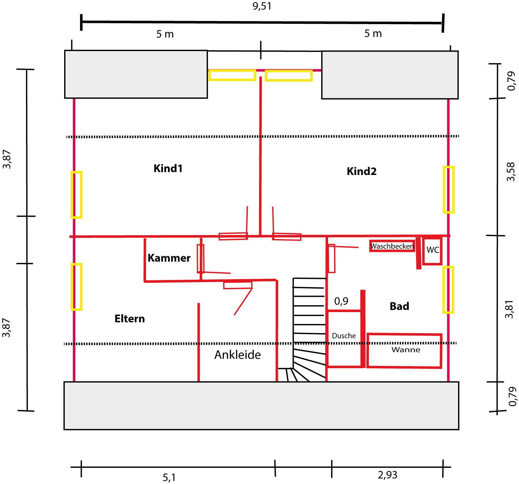 Floor plan of a house: two children’s rooms upstairs, parents’ and bathroom area downstairs, staircase in the middle.