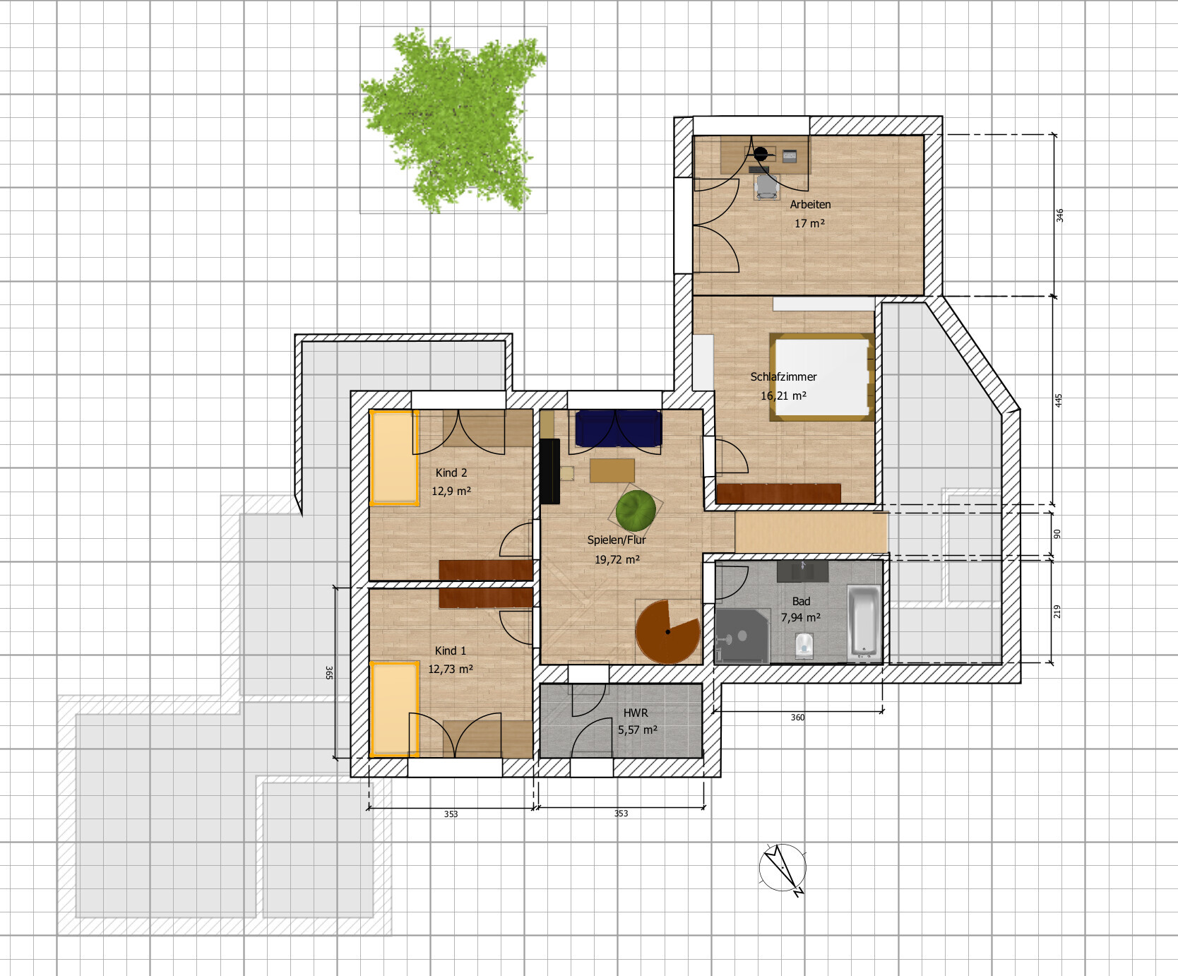 Floor plan of a house: study, bedroom, children’s rooms, bathroom, utility room, hallway, terrace