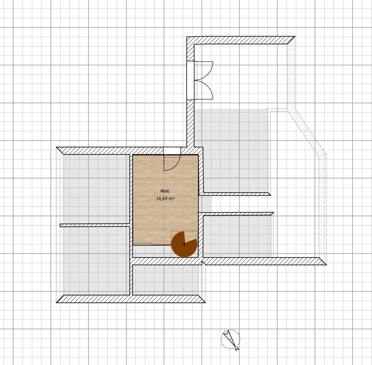 Floor plan of a building: storage room (16.64 m² / 179 sq ft) with wood appearance, adjacent rooms and doors
