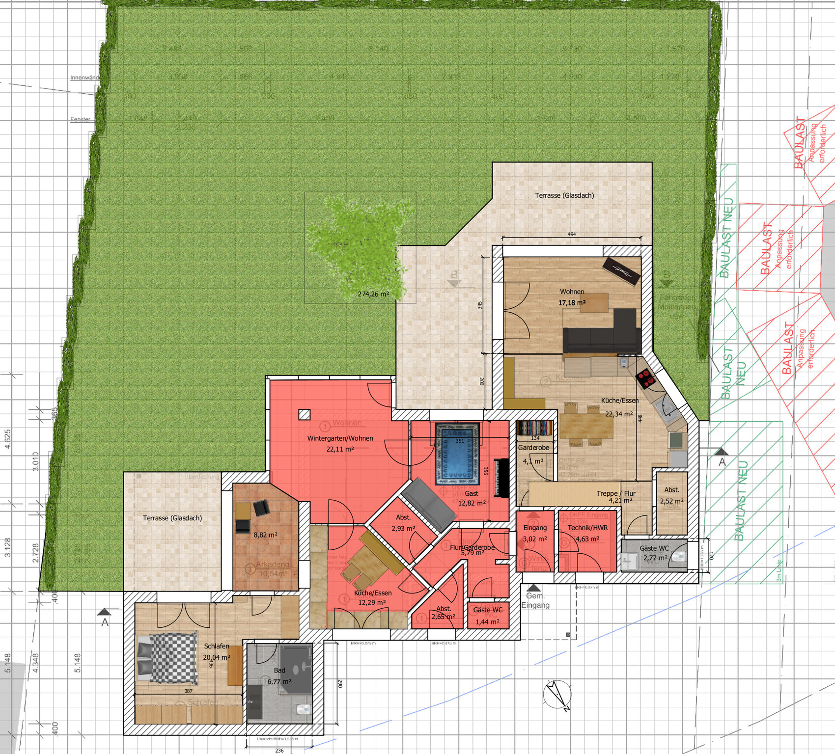 Floor plan of a house with large garden, terrace, living area, kitchen, guest WC and technical room