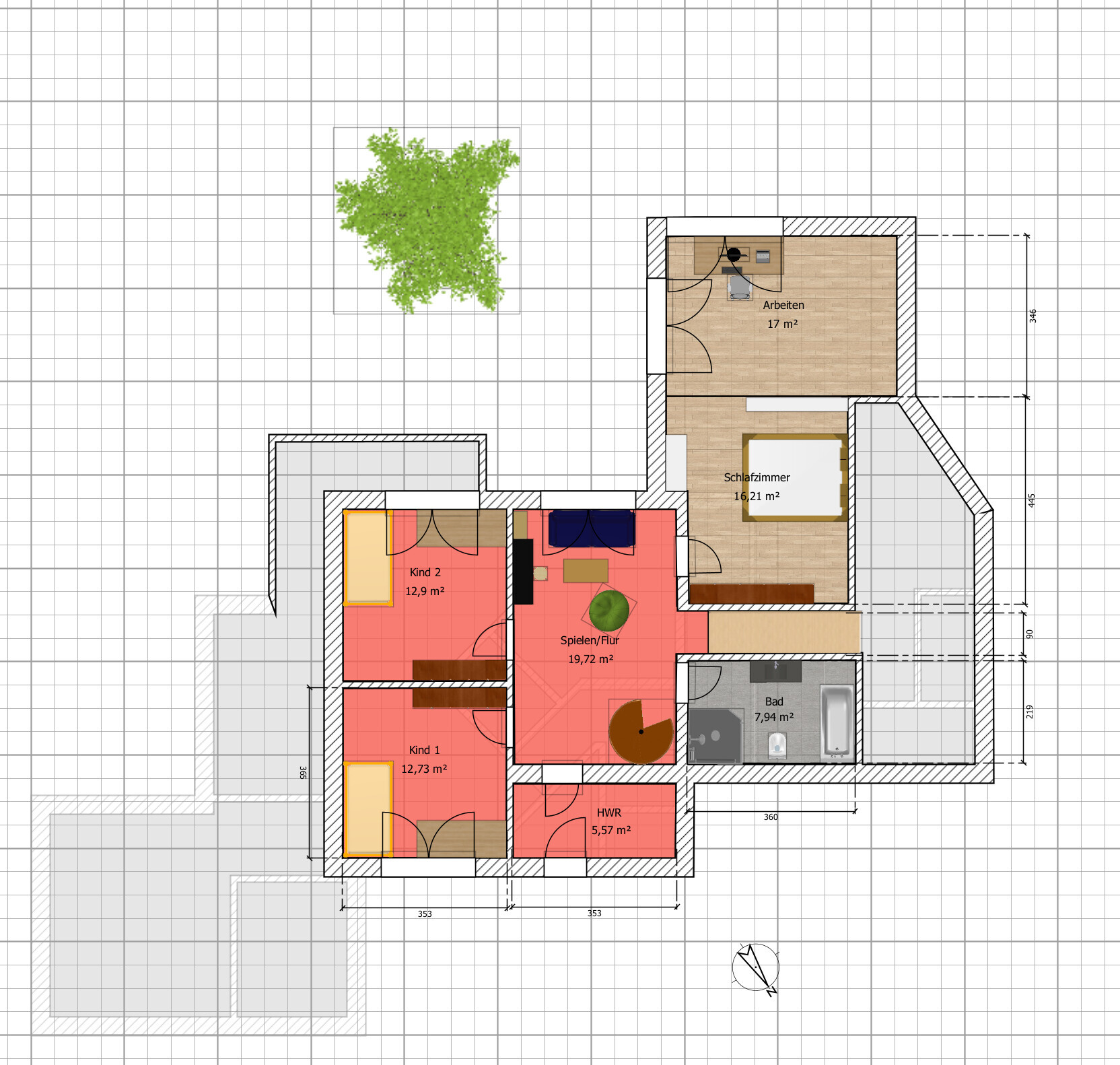 Floor plan: bedroom, 2 children’s rooms, study, hallway/play area, bathroom, utility room, tree in garden