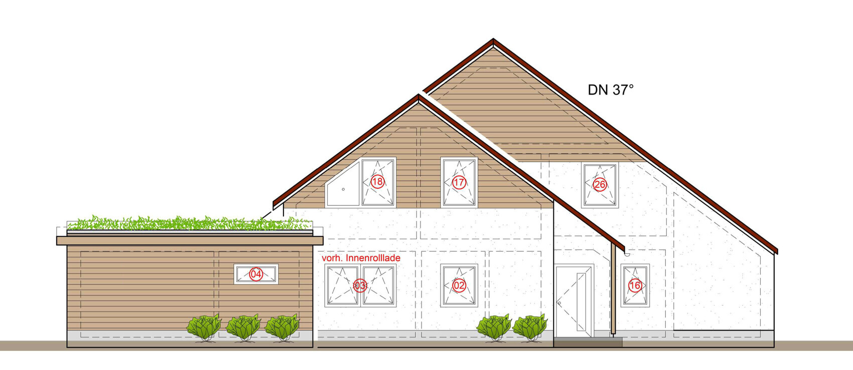 Architectural drawing of a house facade with wood cladding, roof, windows and green space