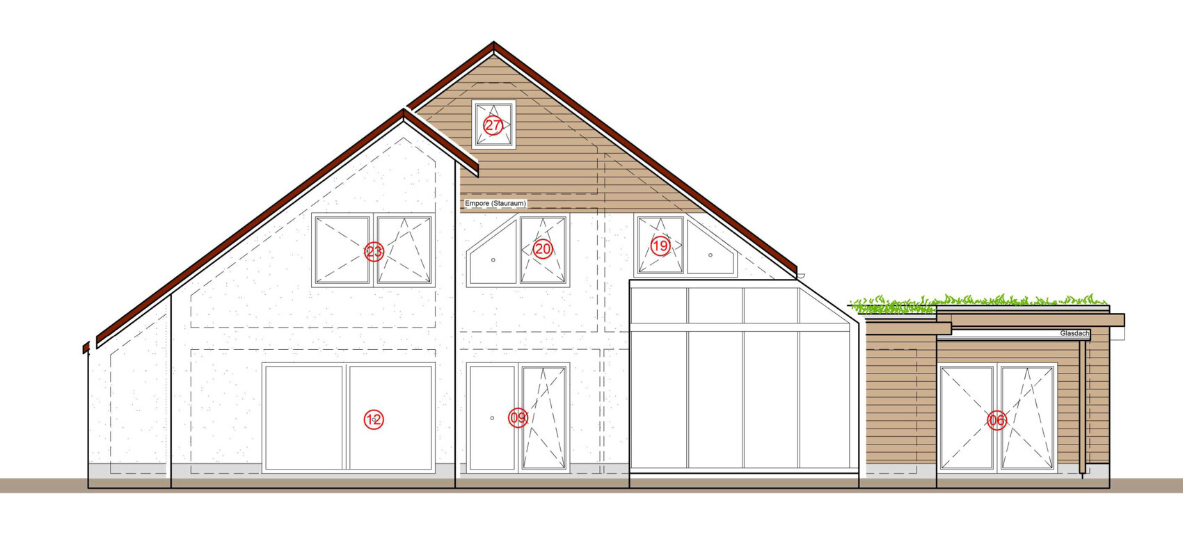 Architectural house floor plan with roof, windows and doors, construction drawing