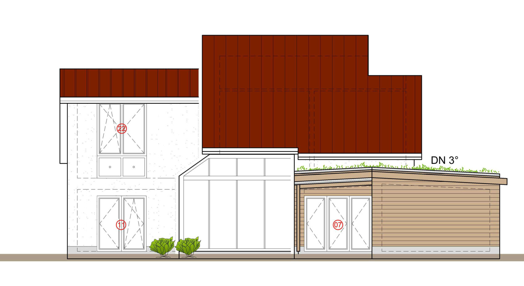 Modern building structure with red metal roof, glass fronts and green roof area