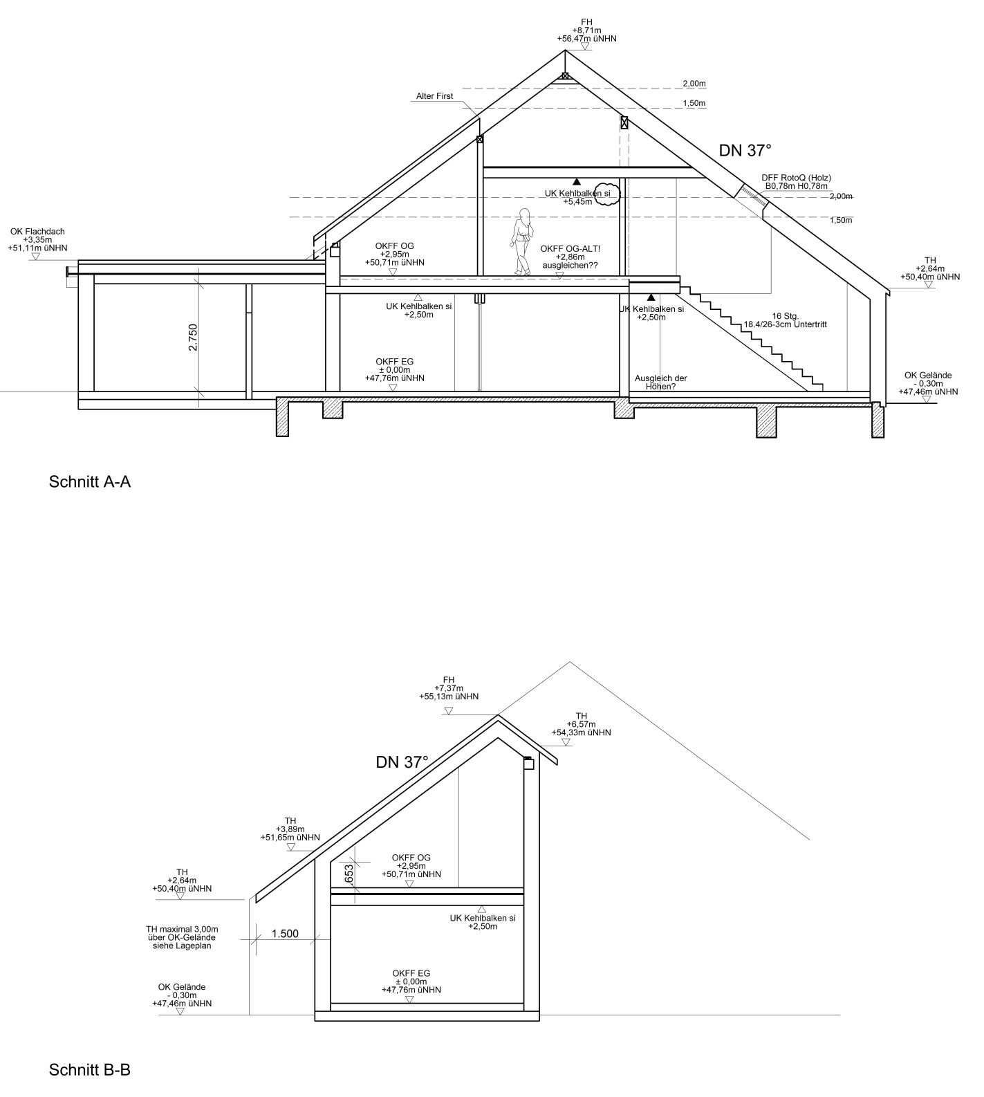 Section A-A and section B-B of a building with roof structure, staircase and interior layout
