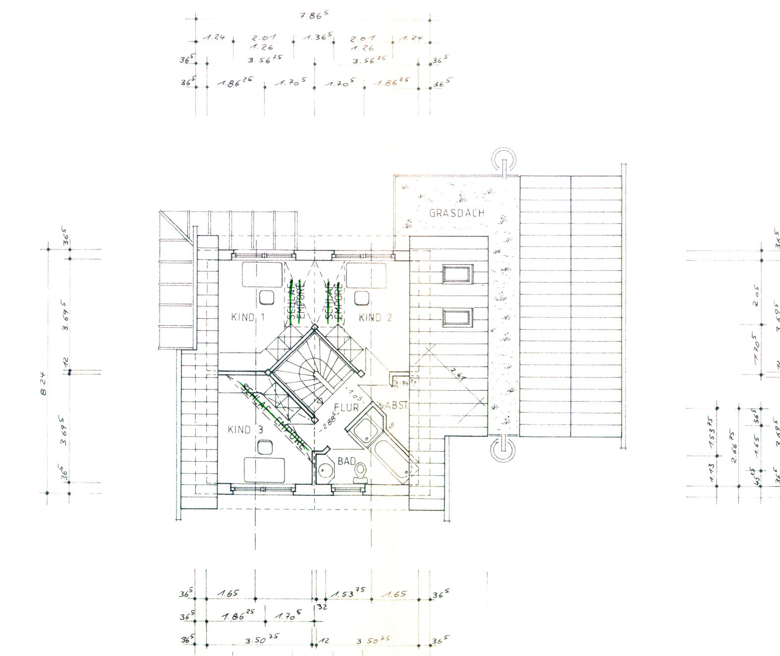 Attic floor plan with three children’s rooms, bathroom, corridor, stairs and green roof