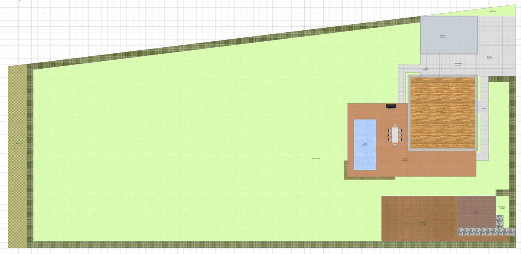 Grundriss eines Gartens: große grüne Rasenfläche mit Haus, Terrasse, Pool und Garage.
