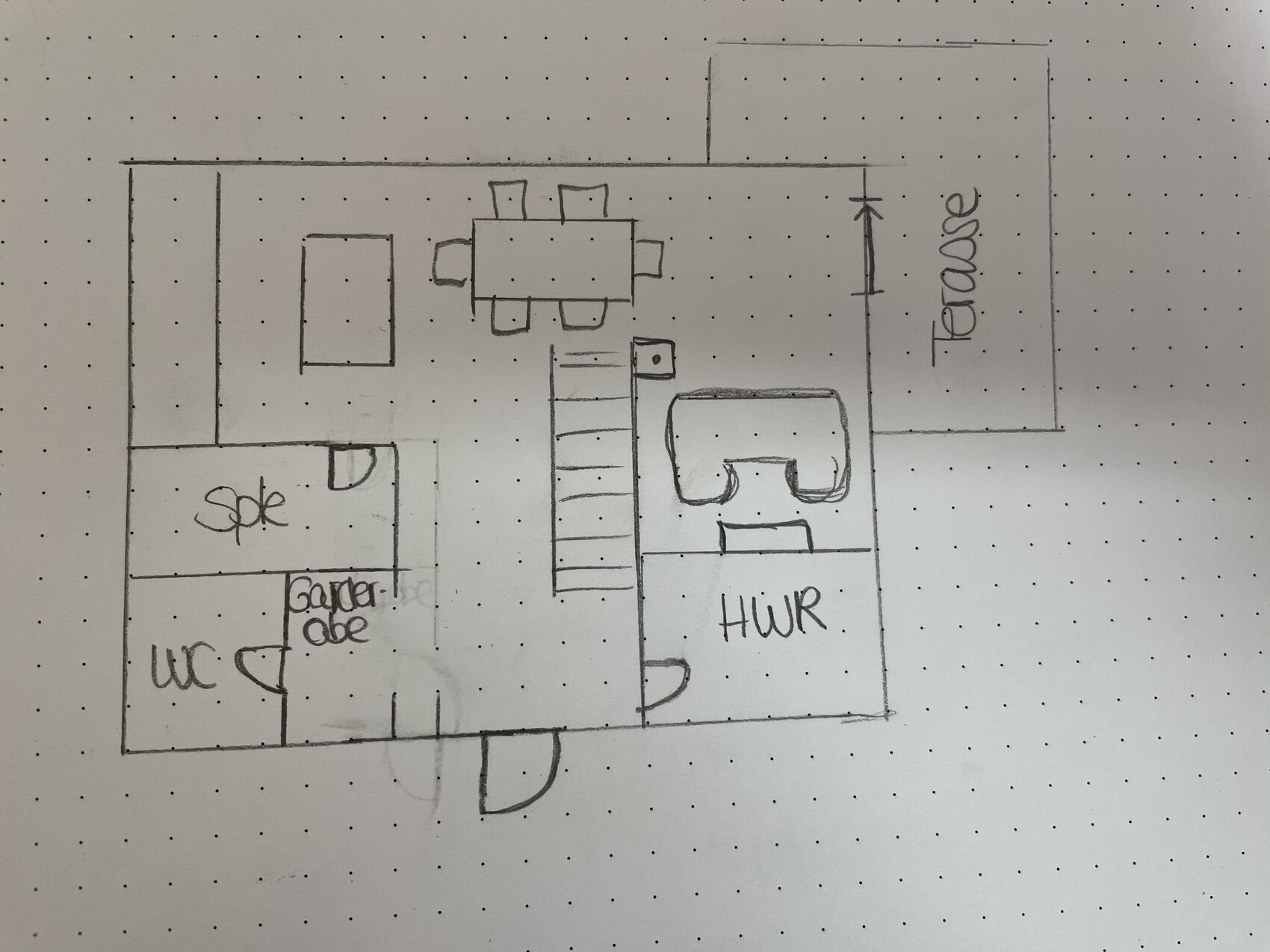 Basic sketch of a house floor plan with terrace, entrance, staircase, WC, and utility room