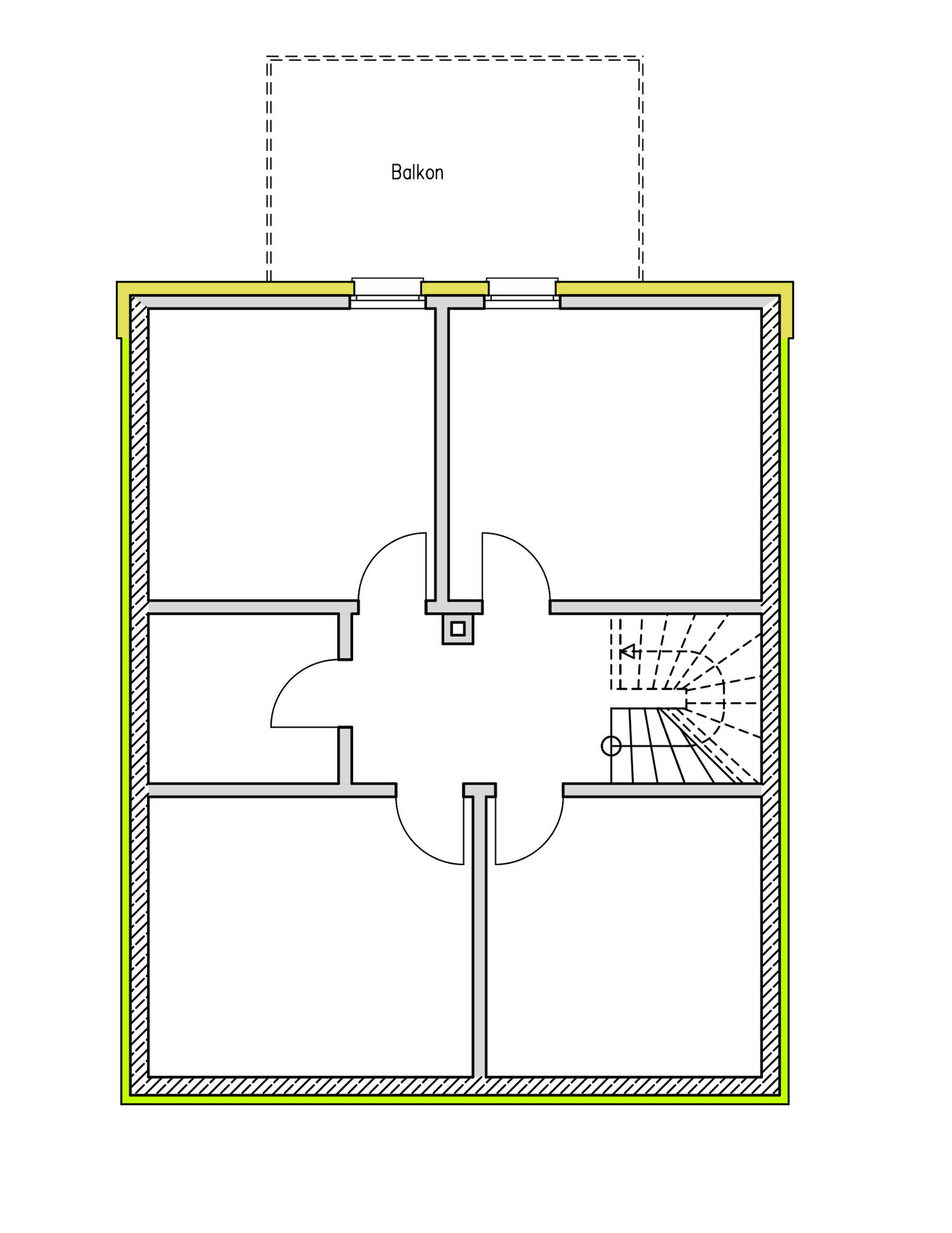 Grundriss eines Hauses mit Balkon, Treppenhaus und Zimmern im Obergeschoss