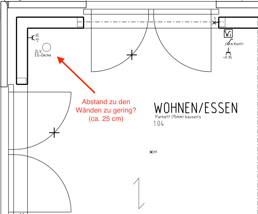 Floor plan: living/dining area with doors; note: distance to walls about 25 cm