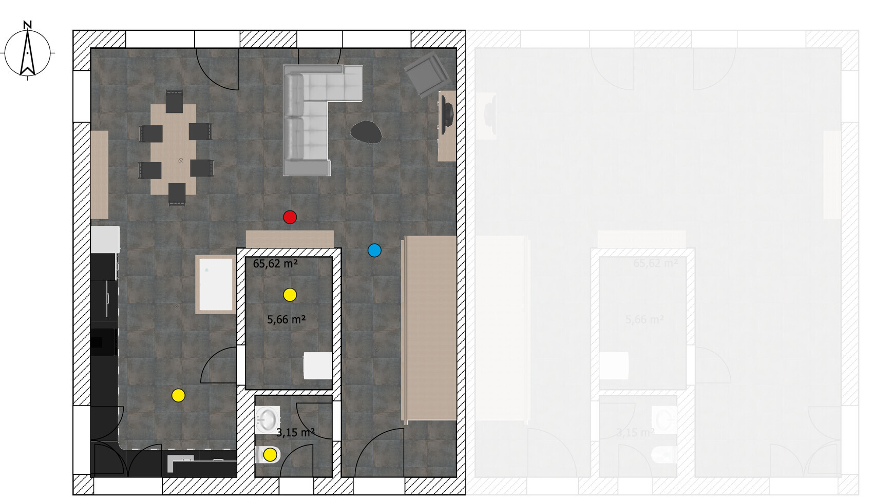 3D floor plan of a living and kitchen area with dining table, sofa, and TV