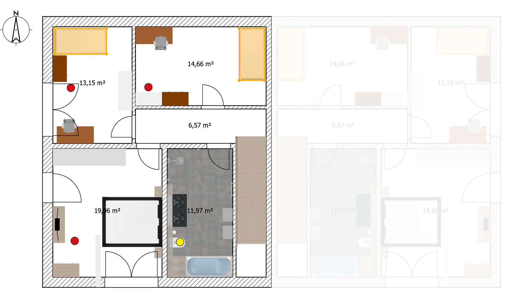 Floor plan of an apartment with several rooms, furniture, and area measurements in m².