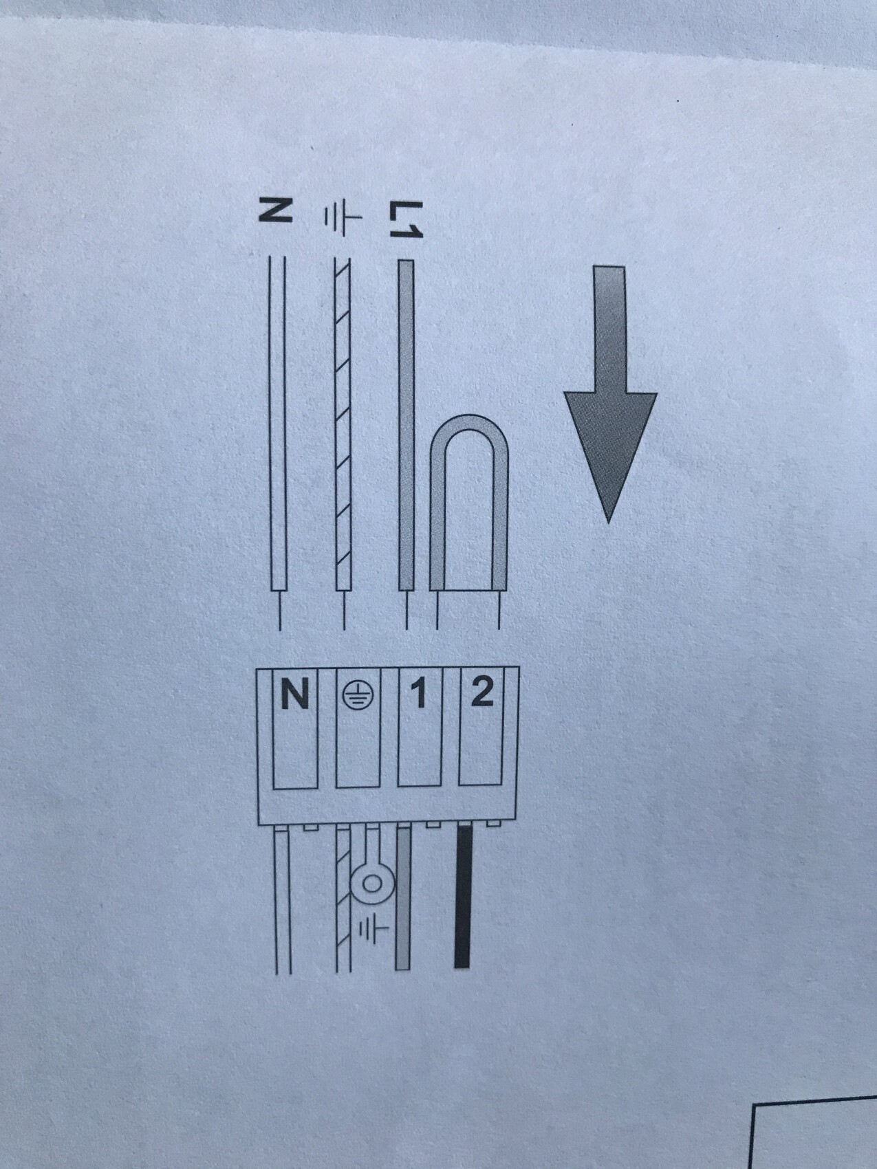 Electrical connection panel with terminals N, earth, 1, 2; arrow pointing down.
