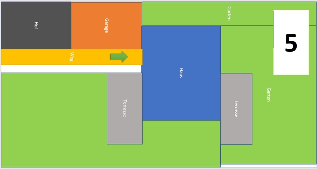 Floor plan: blue house, orange garage, yellow path, grey terraces, green areas.