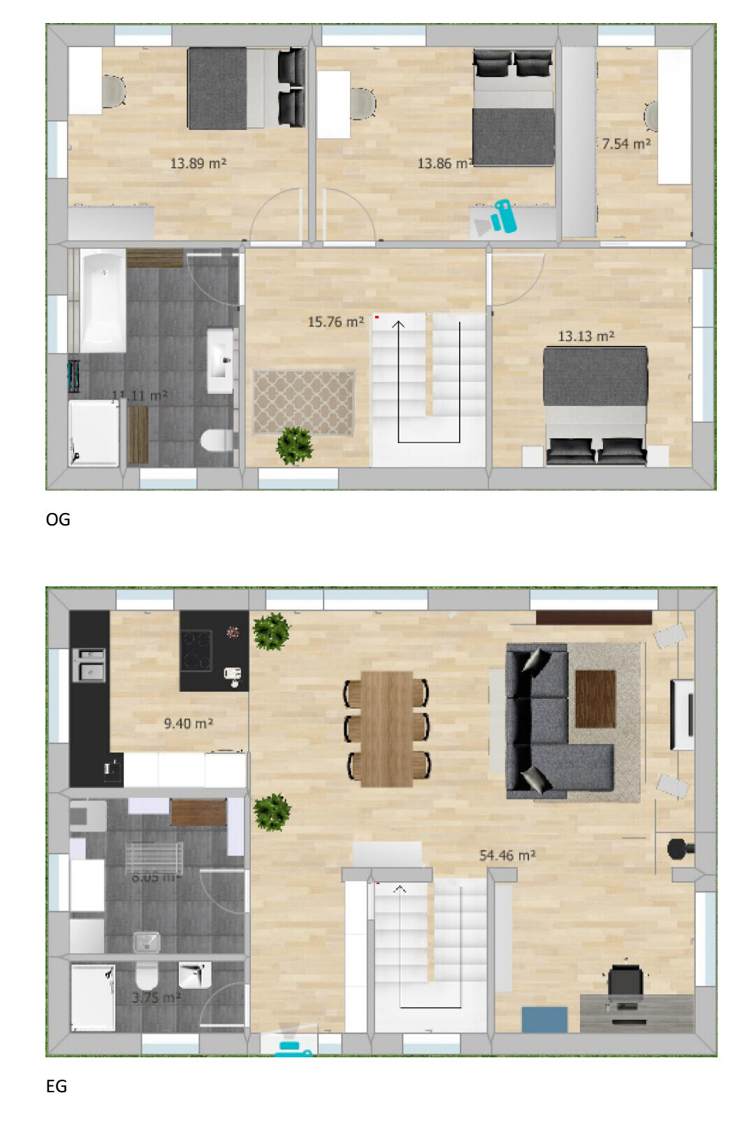 Two-story floor plan of a house with bedrooms, kitchen, and living room