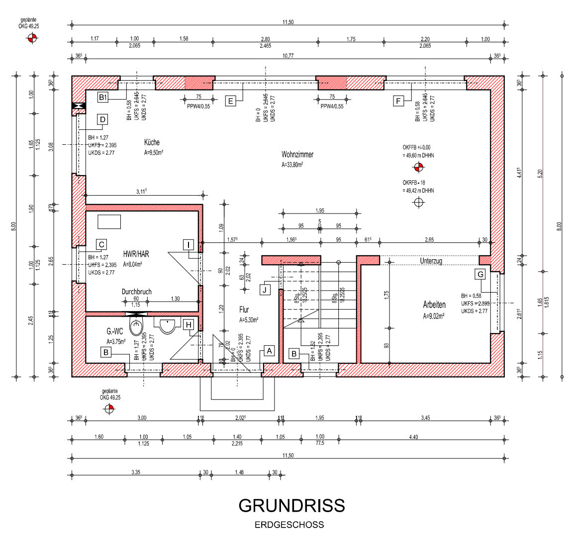 Ground floor plan with kitchen, living room, workroom, hallway, utility room, guest WC, and red exterior wall.